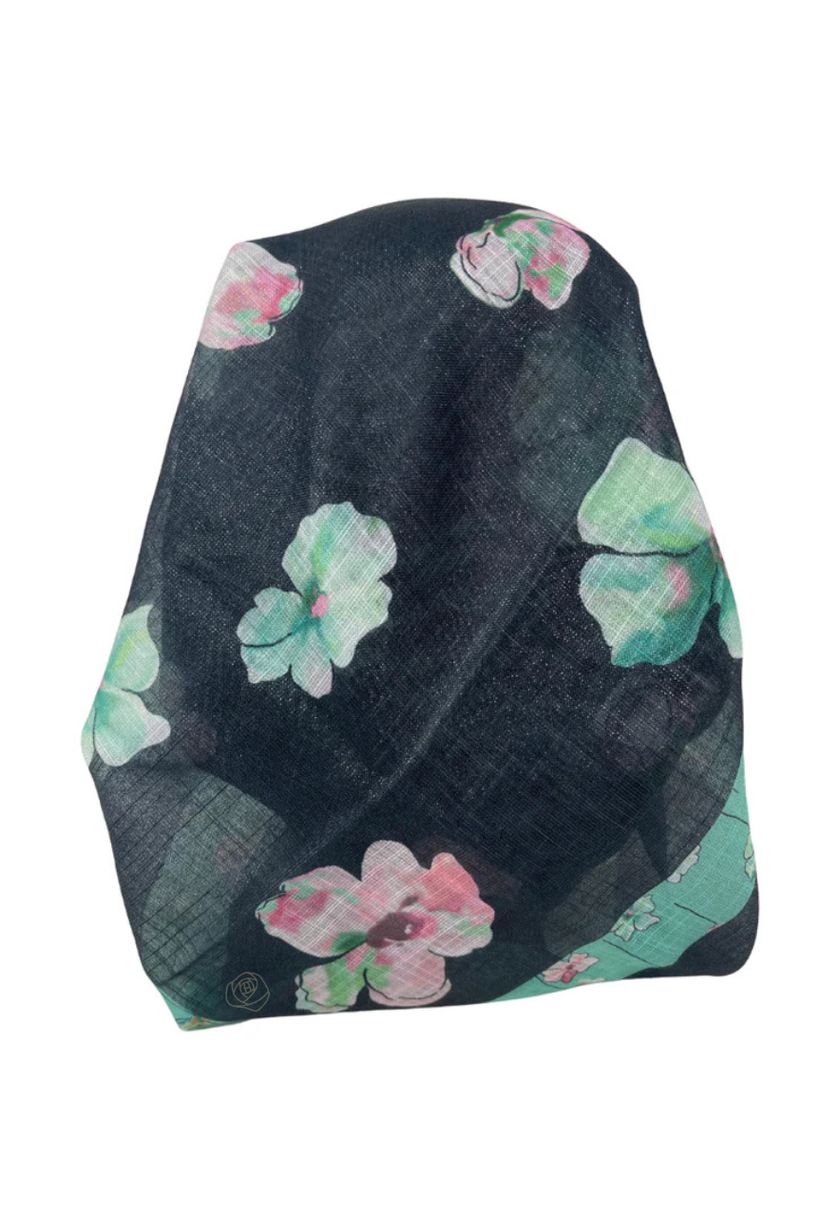 It's Younique OB-FLOW-GN Green Flower Print on Black Shimmer Pre-Tied Open Back Bandanna with Velvet Grip Myselflingerie.com