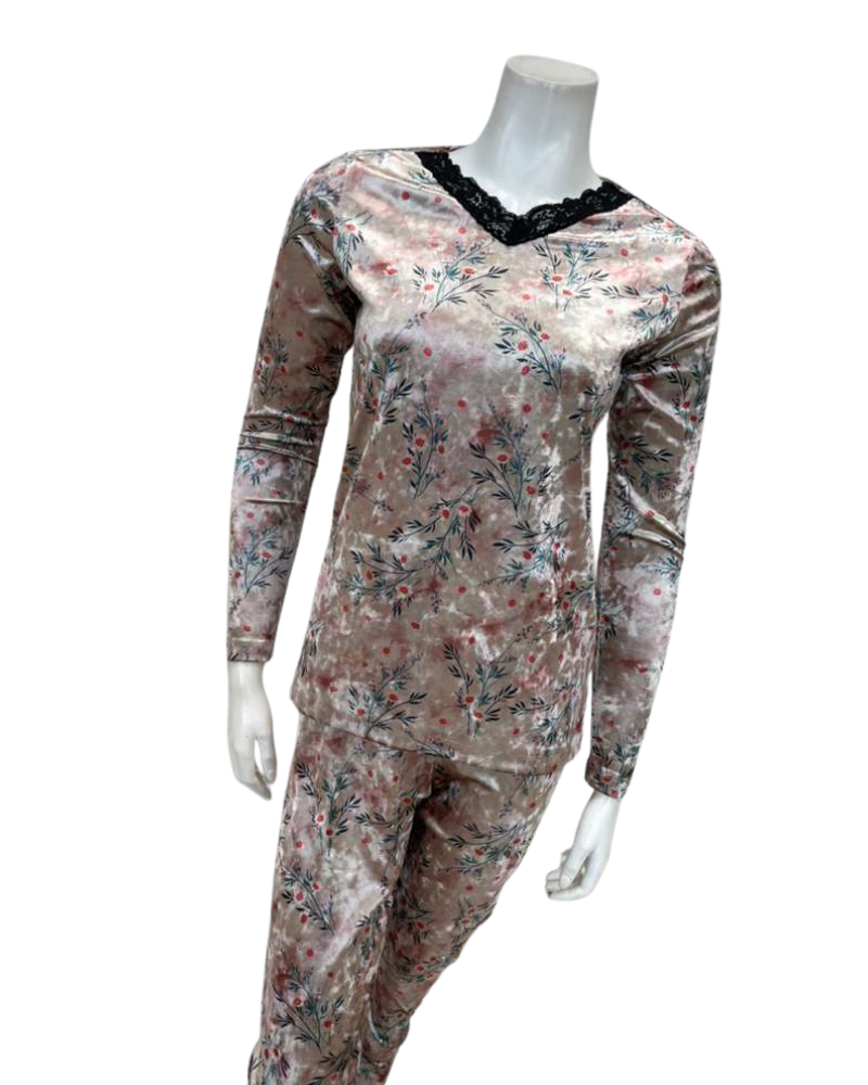 Jackie O'Loungewear Salmon Velvet Printed V Neck Long Sleeve Velour Pajamas Set