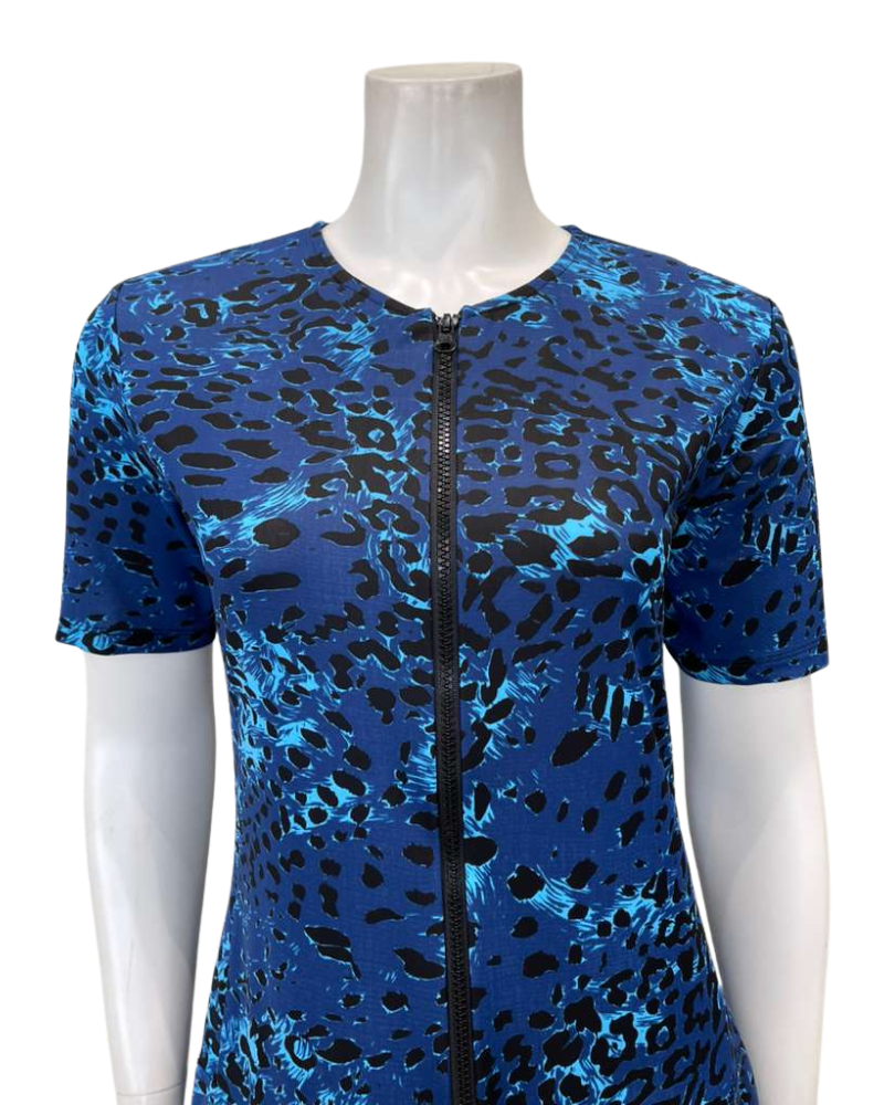 Seashells Navy Leopard Short Sleeve Zippered Swim Dress with Shorts Attached Myselflingerie.com