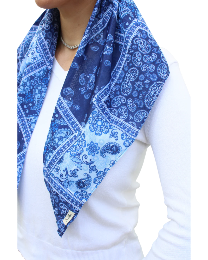 Scarf Bar Denim Paisley Patchwork Classic Pre-Tied Bandanna with Velvet Grip Myselflingerie.com