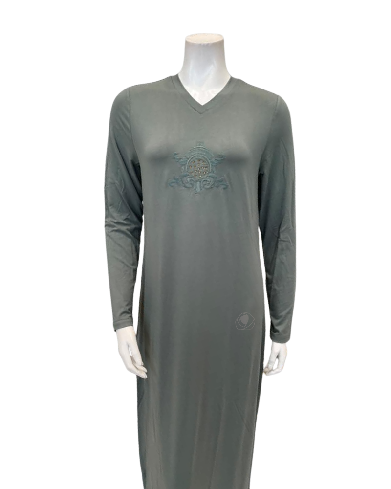 Angelice Sage Green Royal Embroidery V Neck Pull On Modal Nightgown