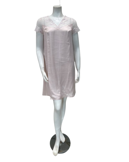 Oh! Zuza Blush Sheer Lace V Neck Short Sleeve Satin Nightshirt