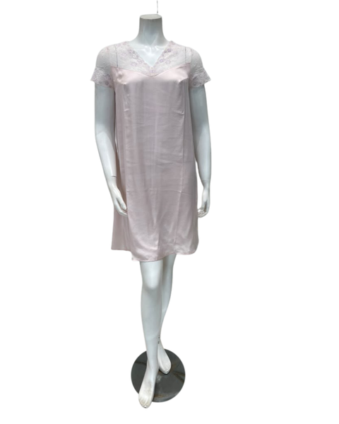 Oh! Zuza Blush Sheer Lace V Neck Short Sleeve Satin Nightshirt