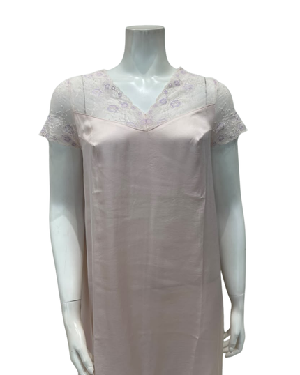 Oh! Zuza Blush Sheer Lace V Neck Short Sleeve Satin Nightshirt