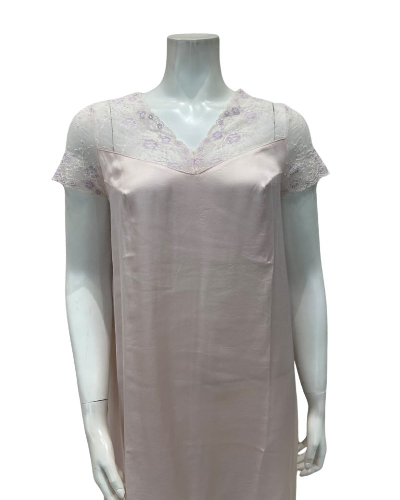 Oh! Zuza Blush Sheer Lace V Neck Short Sleeve Satin Nightshirt