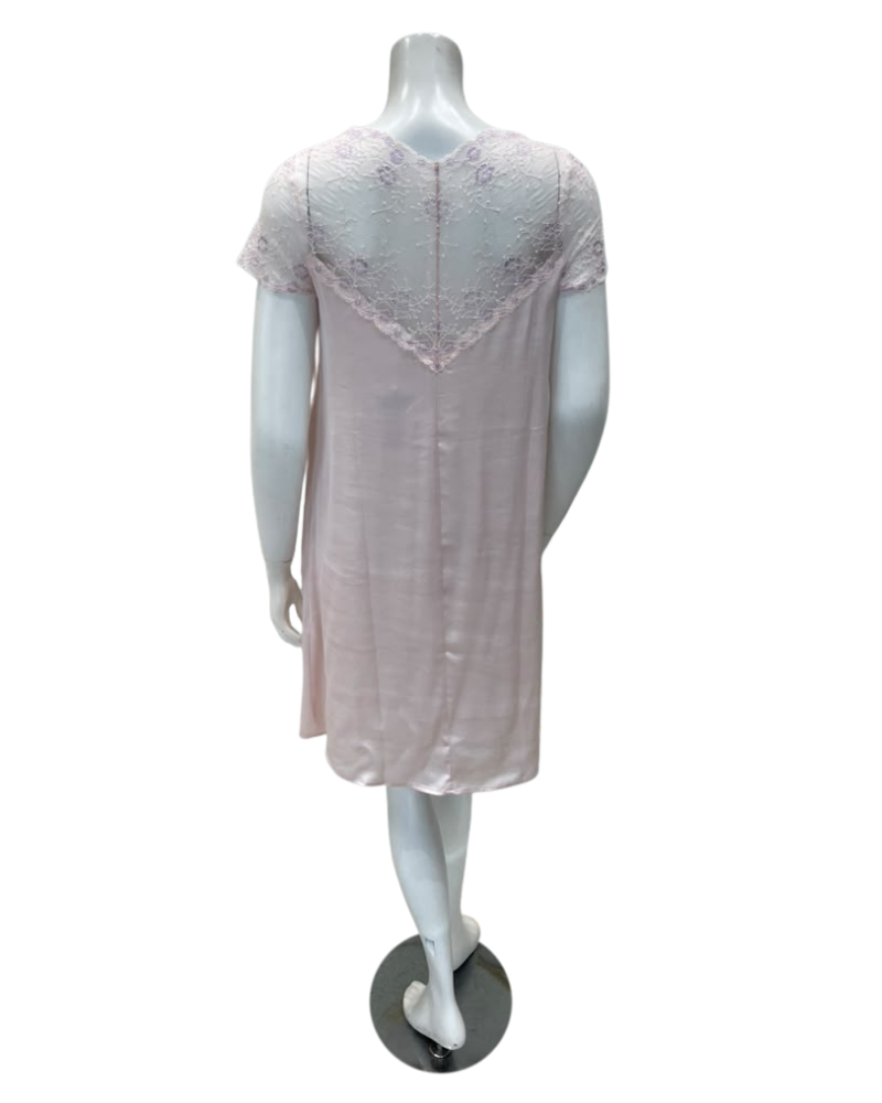 Oh! Zuza Blush Sheer Lace V Neck Short Sleeve Satin Nightshirt