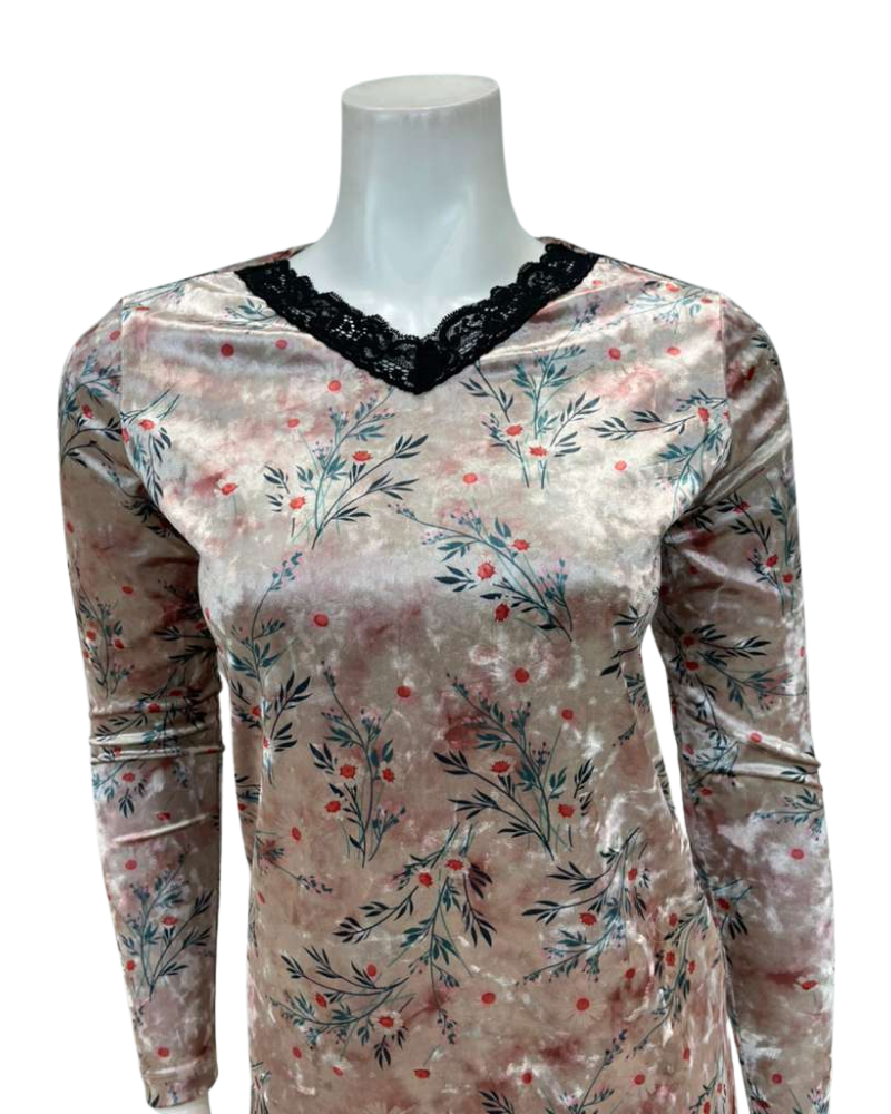 Jackie O'Loungewear Salmon Velvet Printed V Neck Long Sleeve Velour Pajamas Set