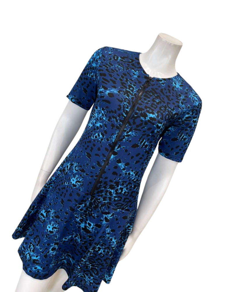 Seashells Navy Leopard Short Sleeve Zippered Swim Dress with Shorts Attached Myselflingerie.com