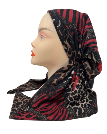 Cherie Burgundy Geometric Leopard Design Adjustable Closed Back Pre-Tied Bandanna