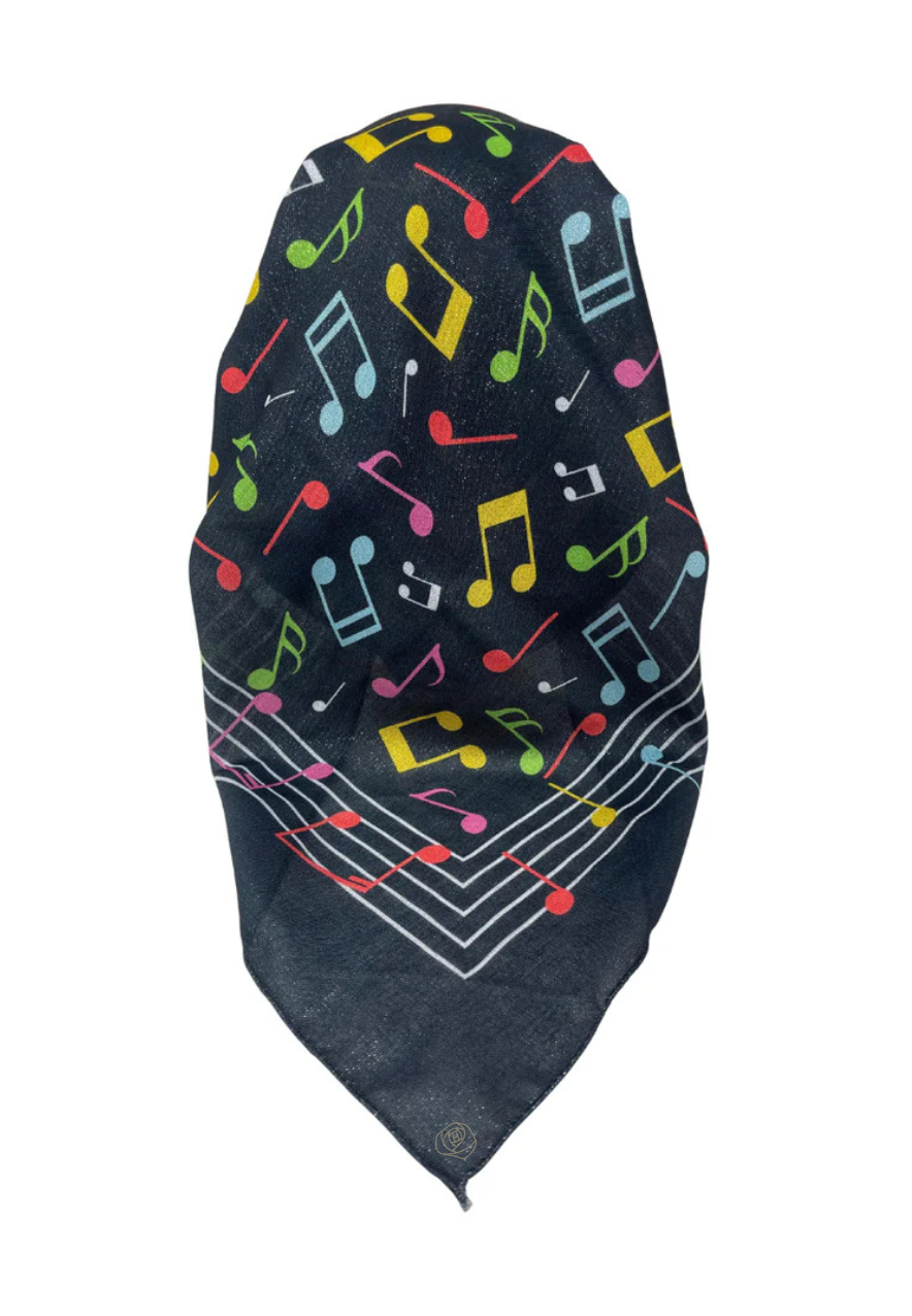 It's Younique OB-BLK-MED Musical Medley Print Black Shimmer Pre-Tied Open Back Bandanna with Velvet Grip Myselflingerie.com