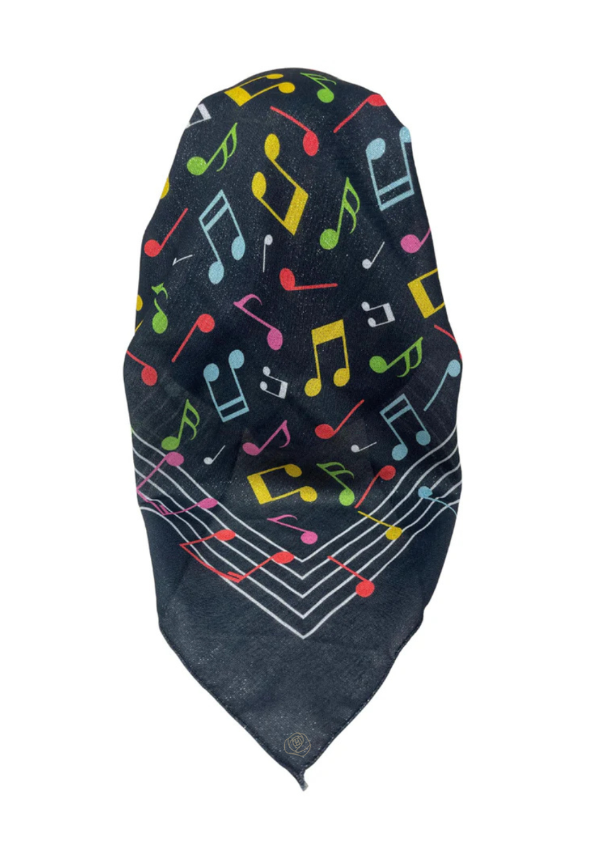It's Younique OB-BLK-MED Musical Medley Print Black Shimmer Pre-Tied Open Back Bandanna with Velvet Grip Myselflingerie.com