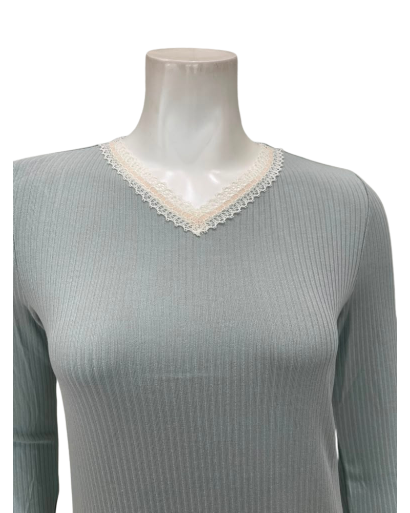 Oh! Zuza Mint Ribbed Lace V Neck Rosie Modal Nightshirt