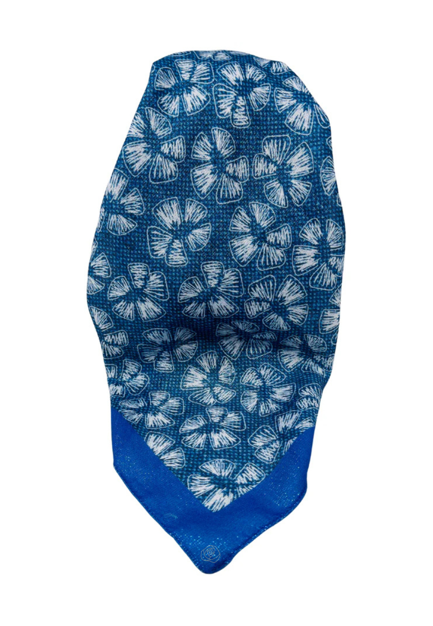 It's Younique OB-WHFL-BL White Stitched Flowers Blue Shimmer Pre-Tied Open Back Bandanna with Velvet Grip Myselflingerie.com