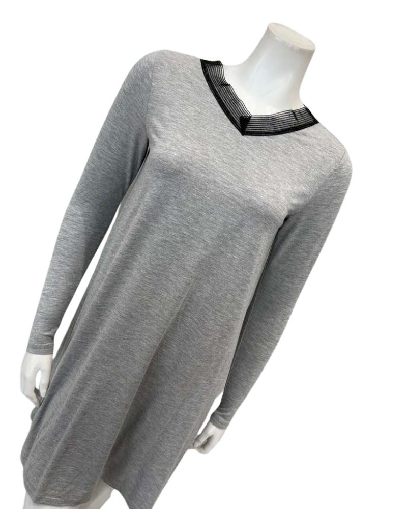 Jackie O'Loungewear Grey V Neck Lace Long Sleeves Modal Nightshirt Myselflingerie.com
