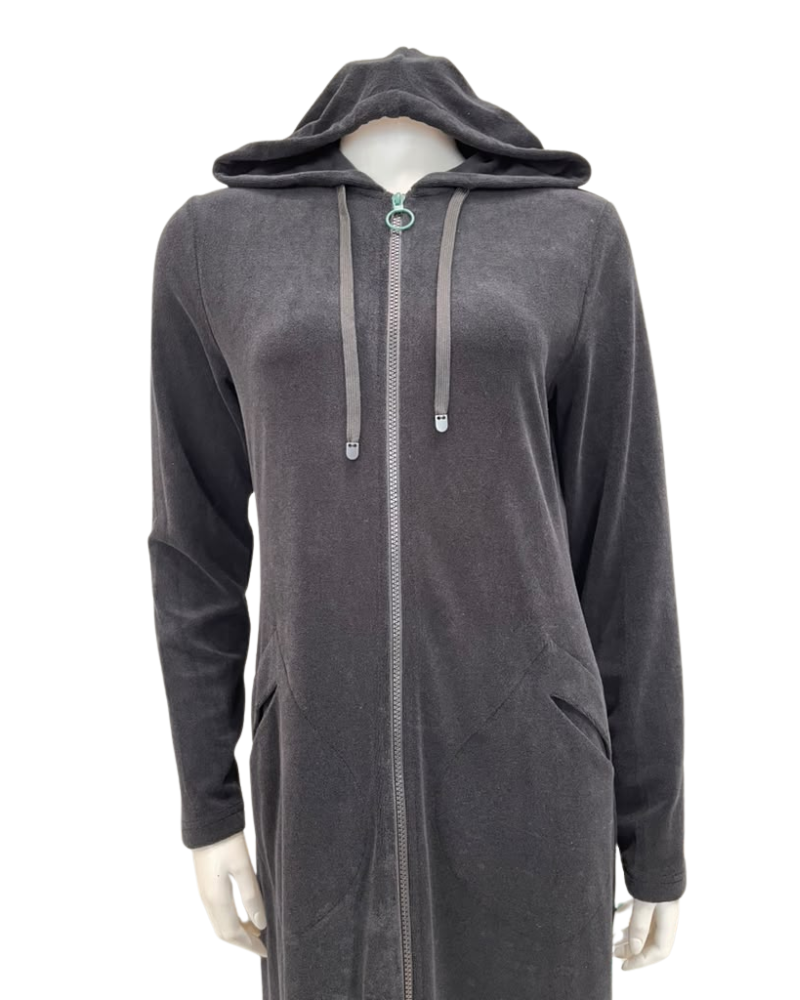 Seashells Solid Black Zippered Terry Robe with Hood and Pockets Myselflingerie.com