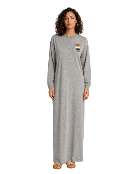 Ellwi Grey Embroidered Bear Button Down Cotton Nightgown