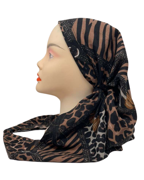 Cherie SP351A-BR Brown Geometric Leopard Design Adjustable Pre-Tied Open Back Bandanna
