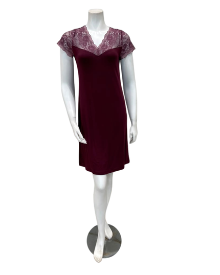 Oh! Zuza Maroon Lace V Neck Short Sleeve Modal Nightshirt