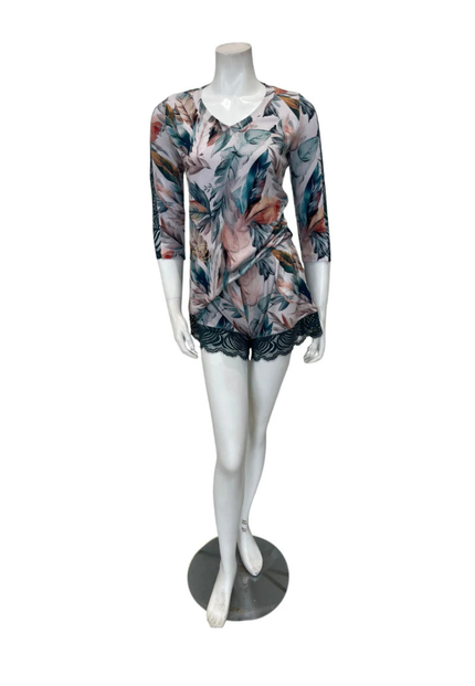 Oh! Zuza Floral Print Ribbed Modal Sheer Long Sleeve & Shorts Pajamas Set