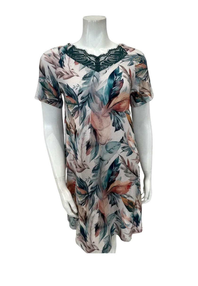 Oh! Zuza Floral Print Sheer Lace Back Ribbed Modal Nightshirt