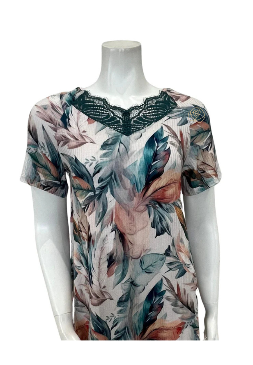 Oh! Zuza Floral Print Sheer Lace Back Ribbed Modal Nightshirt