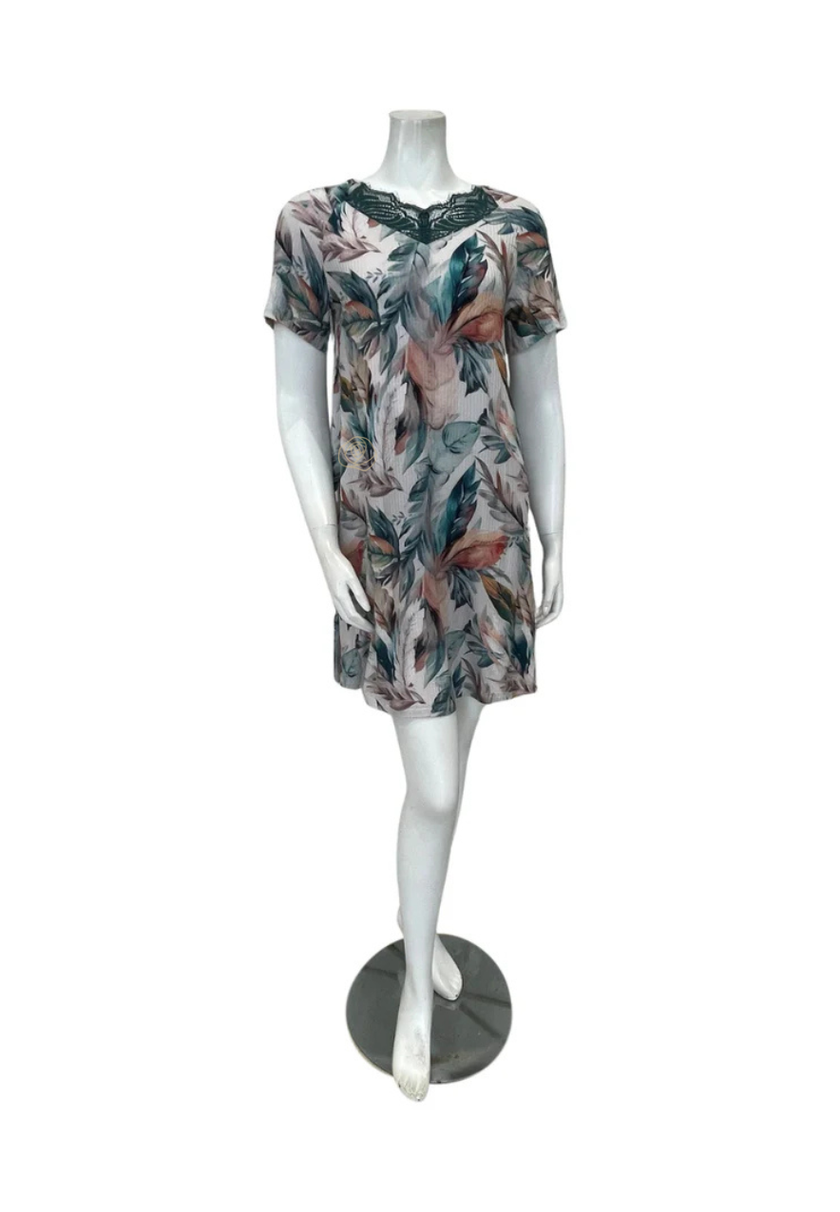 Oh! Zuza Floral Print Sheer Lace Back Ribbed Modal Nightshirt