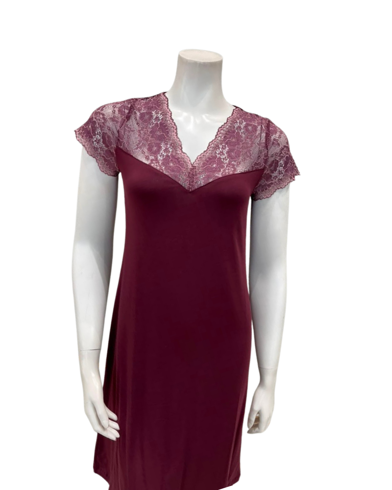 Oh! Zuza Maroon Lace V Neck Short Sleeve Modal Nightshirt