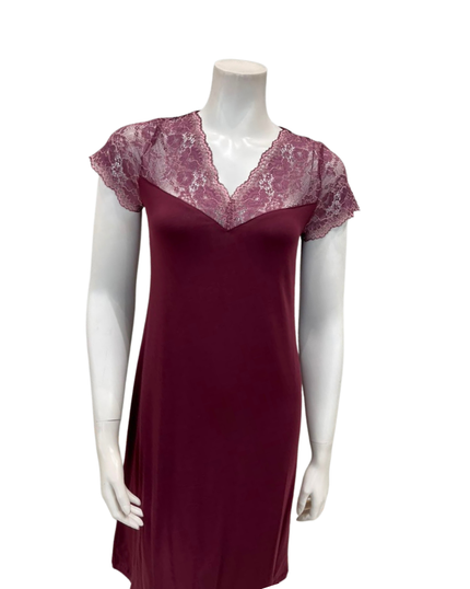 Oh! Zuza Maroon Lace V Neck Short Sleeve Modal Nightshirt