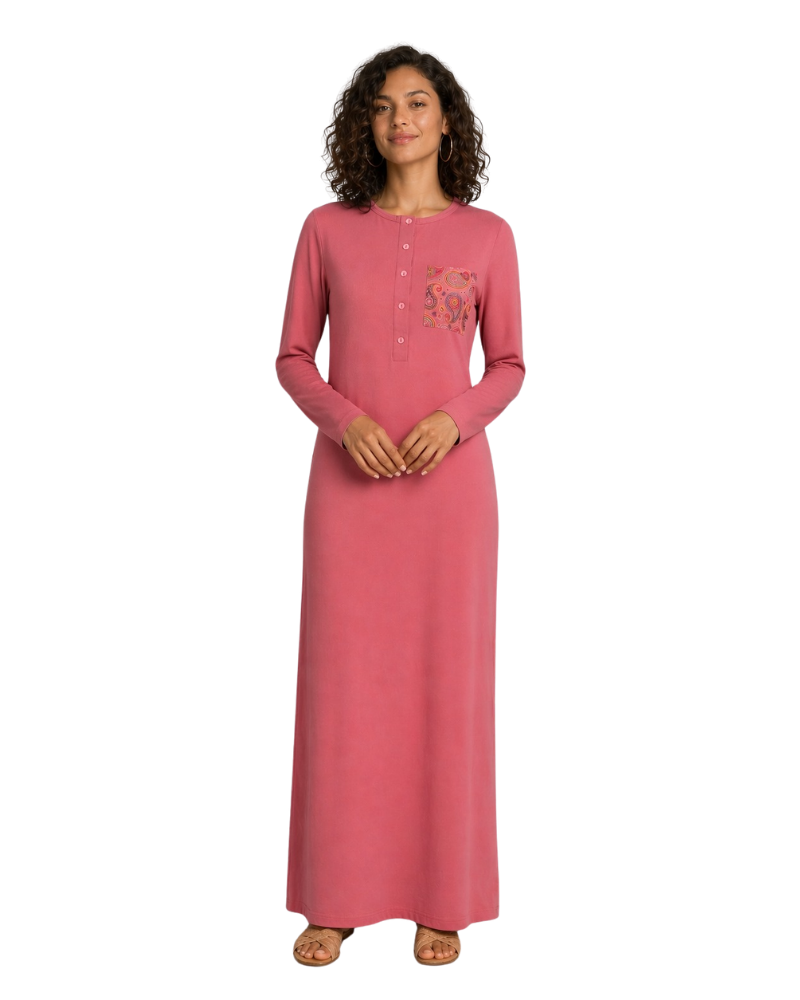 Ellwi Pink Paisley Pocket Print Button Down Cotton Nightgown