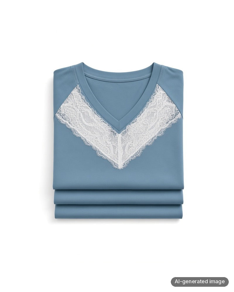 Folded Oh! Zuza Aqua and White Lace Short Sleeve Pajamas Shorts Set