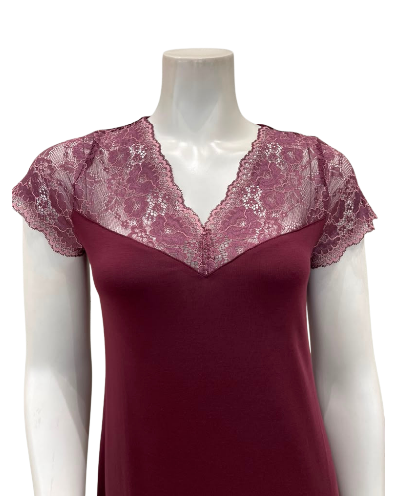 Oh! Zuza Maroon Lace V Neck Short Sleeve Modal Nightshirt