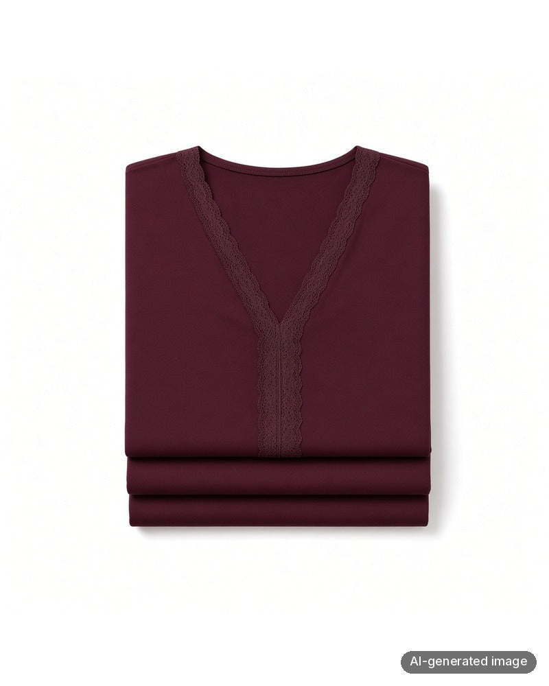 Folded Oh! Zuza Maroon V Neck Lace Modal 3/4 Sleeve & Shorts Pajamas Set