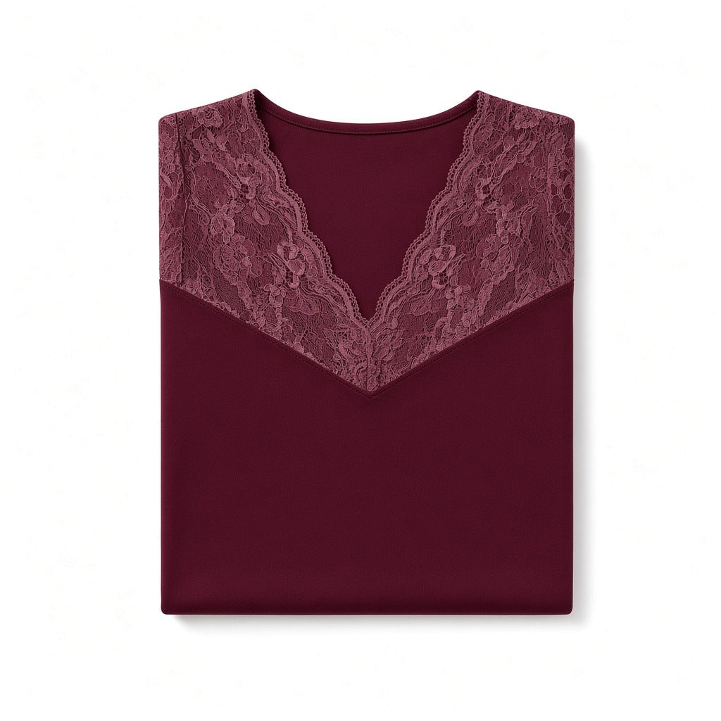 Folded Oh! Zuza Maroon Lace V Neck Short Sleeve Modal Nightshirt