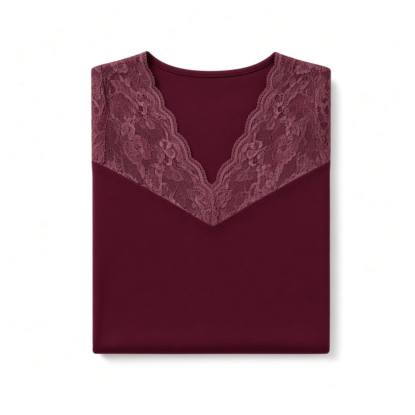 Folded Oh! Zuza Maroon Lace V Neck Short Sleeve Modal Nightshirt