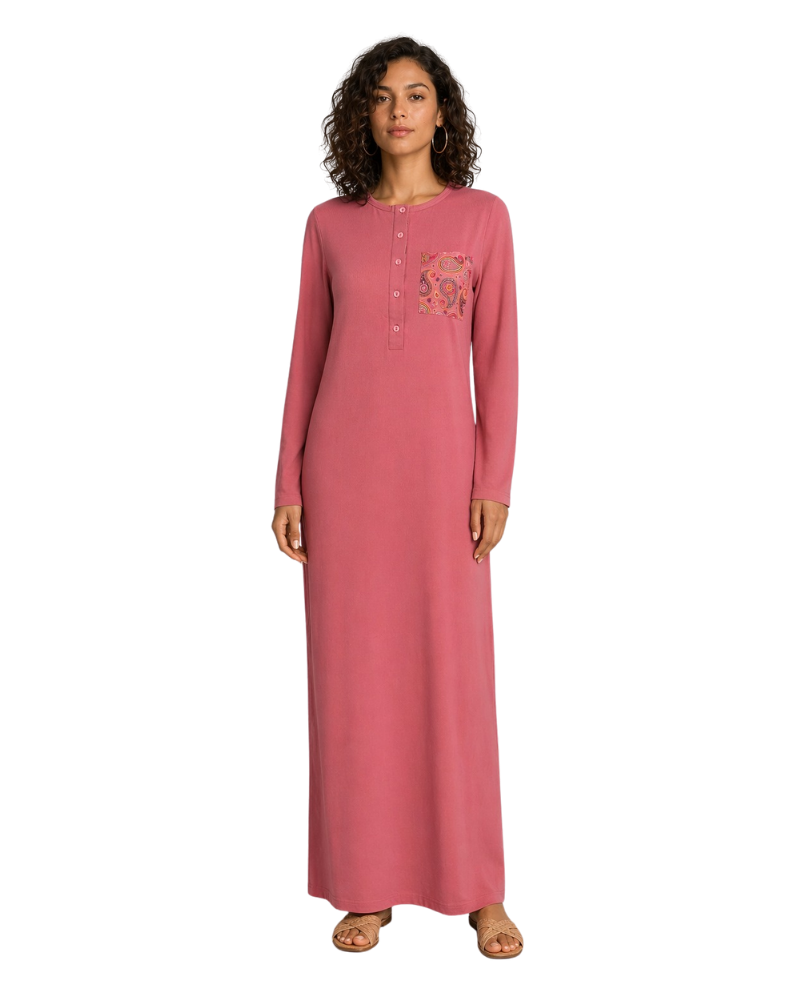 Ellwi Pink Paisley Pocket Print Button Down Cotton Nightgown