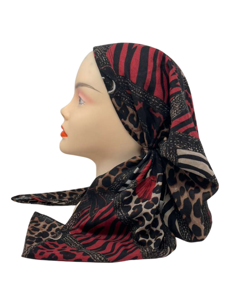 Cherie SP351A-BGY Burgundy Geometric Leopard Design Adjustable Pre-Tied Open Back Bandanna