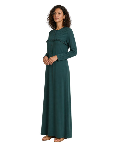 Ellwi 1517 Hunter Green Pleated Ruffle Button Down Cotton Nightgown