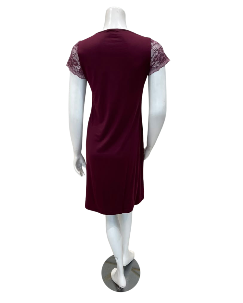 Oh! Zuza Maroon Lace V Neck Short Sleeve Modal Nightshirt