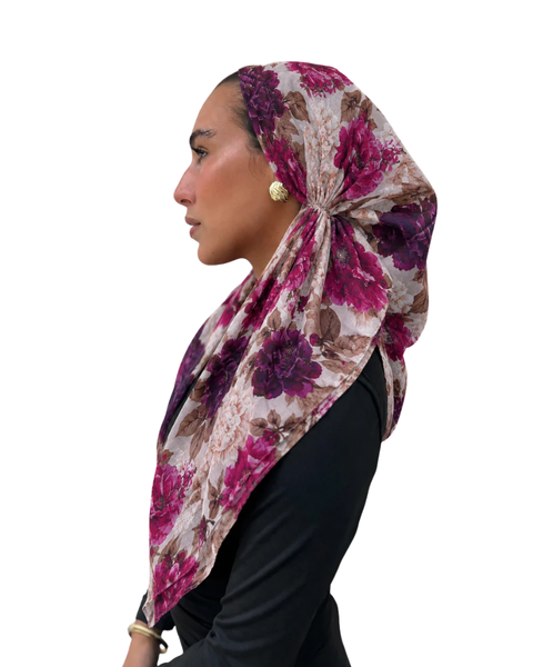 Scarf Bar Deep Berry Floral Open Back Adjustable Pre-Tied Bandanna with Velvet Grip