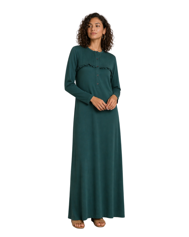 Ellwi Hunter Green Pleated Ruffle Button Down Cotton Nightgown