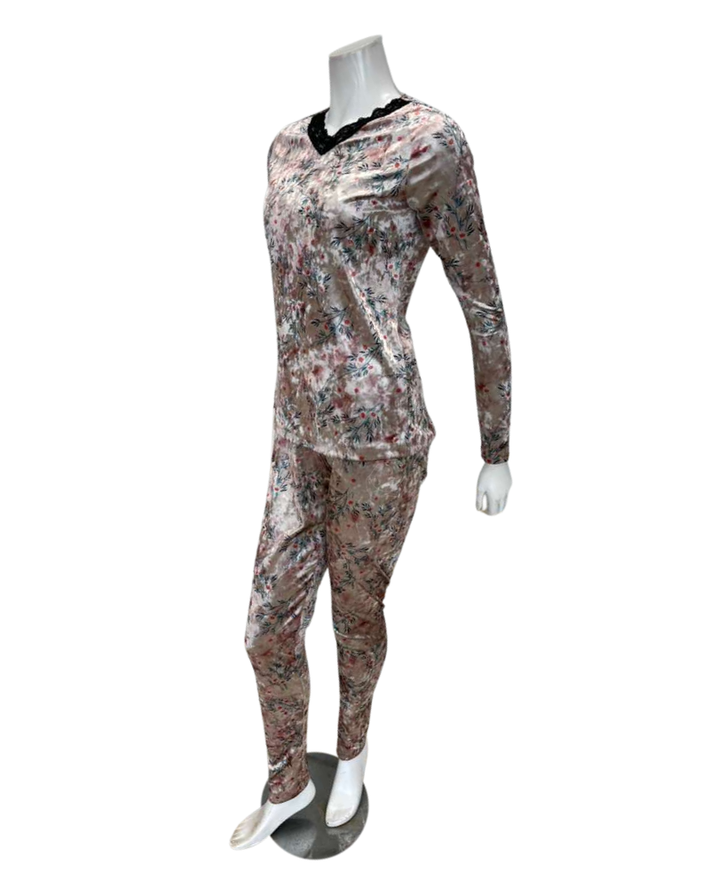 Jackie O'Loungewear Salmon Velvet Printed V Neck Long Sleeve Velour Pajamas Set