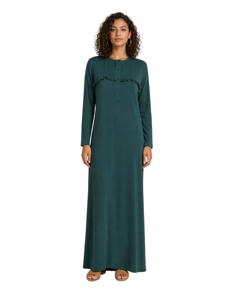 Ellwi Hunter Green Pleated Ruffle Button Down Cotton Nightgown