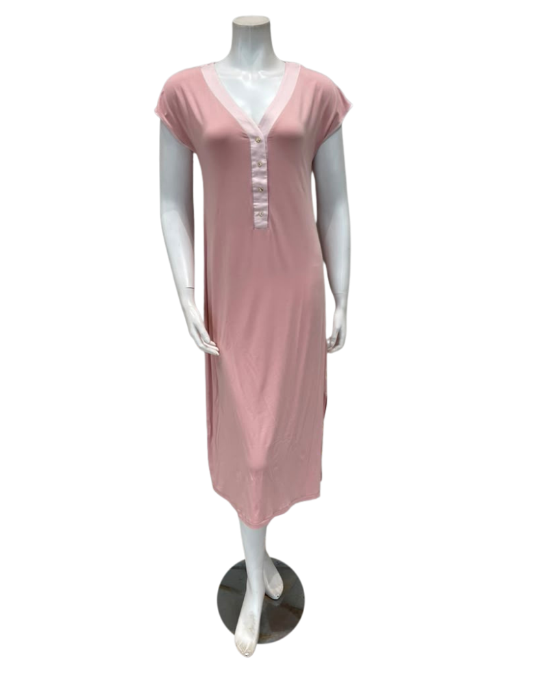 Oh! Zuza Dusty Pink Satin Trim V Neck Short Sleeve Modal Nightshirt