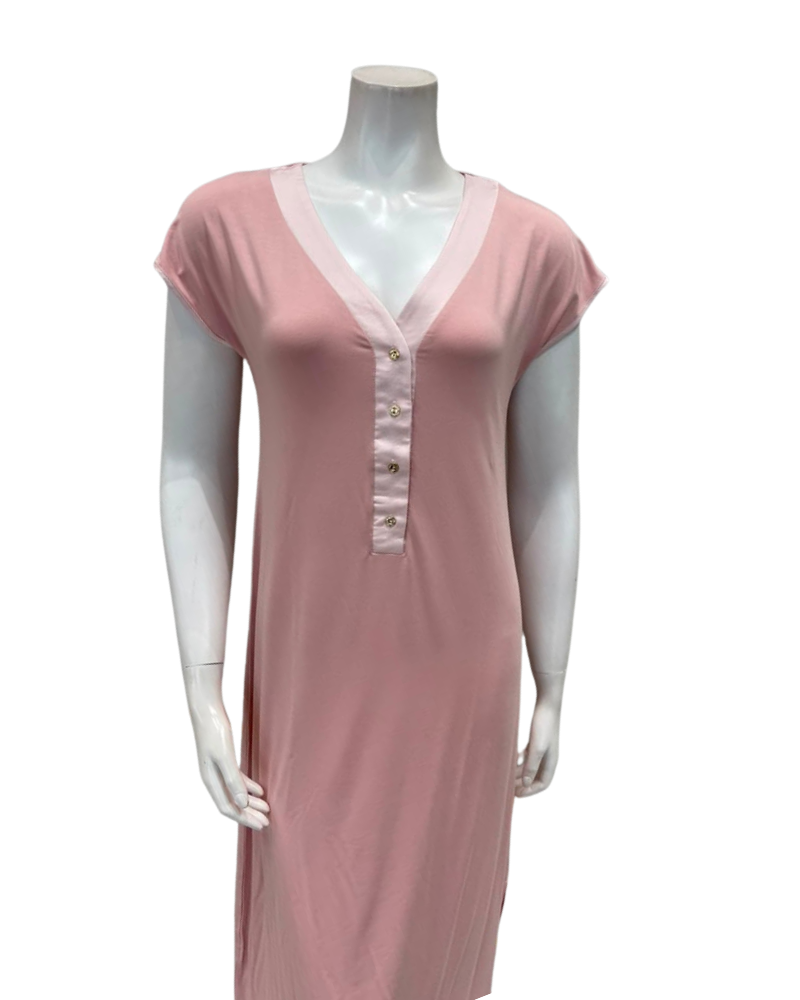 Oh! Zuza Dusty Pink Satin Trim V Neck Short Sleeve Modal Nightshirt