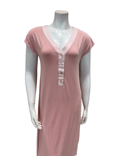 Oh! Zuza Dusty Pink Satin Trim V Neck Short Sleeve Modal Nightshirt