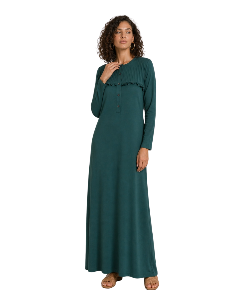 Ellwi Hunter Green Pleated Ruffle Button Down Cotton Nightgown