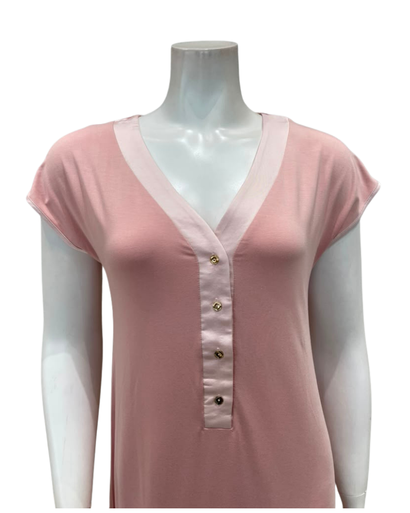 Oh! Zuza Dusty Pink Satin Trim V Neck Short Sleeve Modal Nightshirt