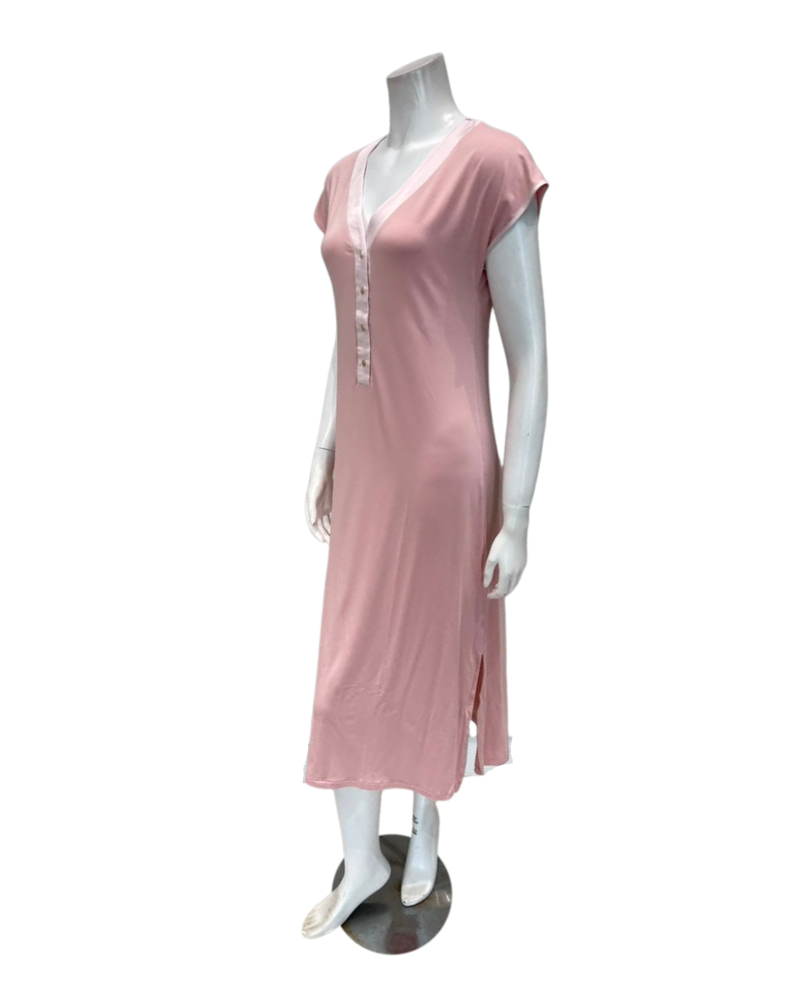 Oh! Zuza Dusty Pink Satin Trim V Neck Short Sleeve Modal Nightshirt