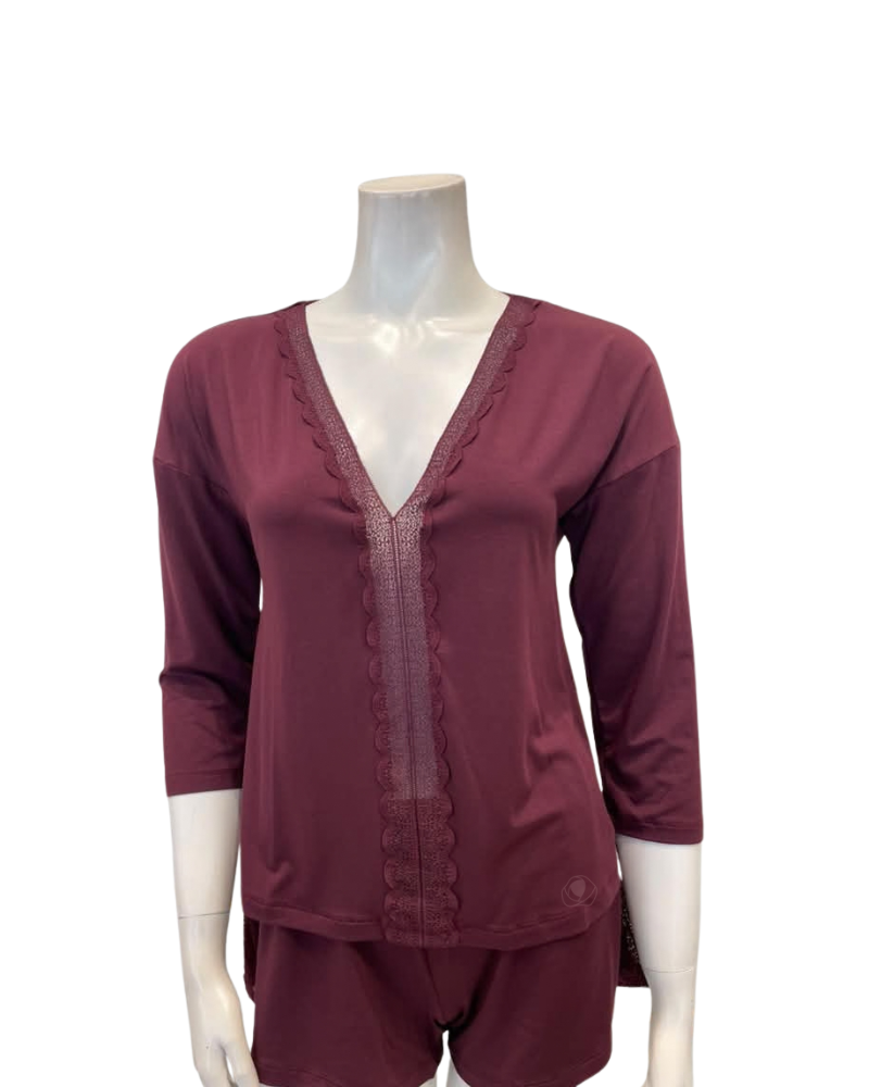Oh! Zuza Maroon V Neck Lace Modal 3/4 Sleeve & Shorts Pajamas Set