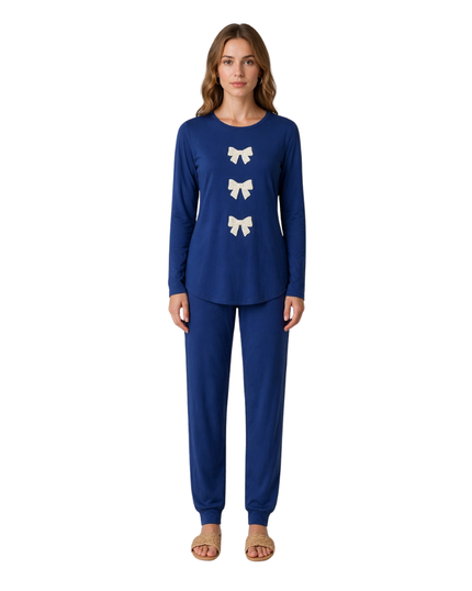 Ellwi Blue Bow Embroidered Cotton Pajamas Set